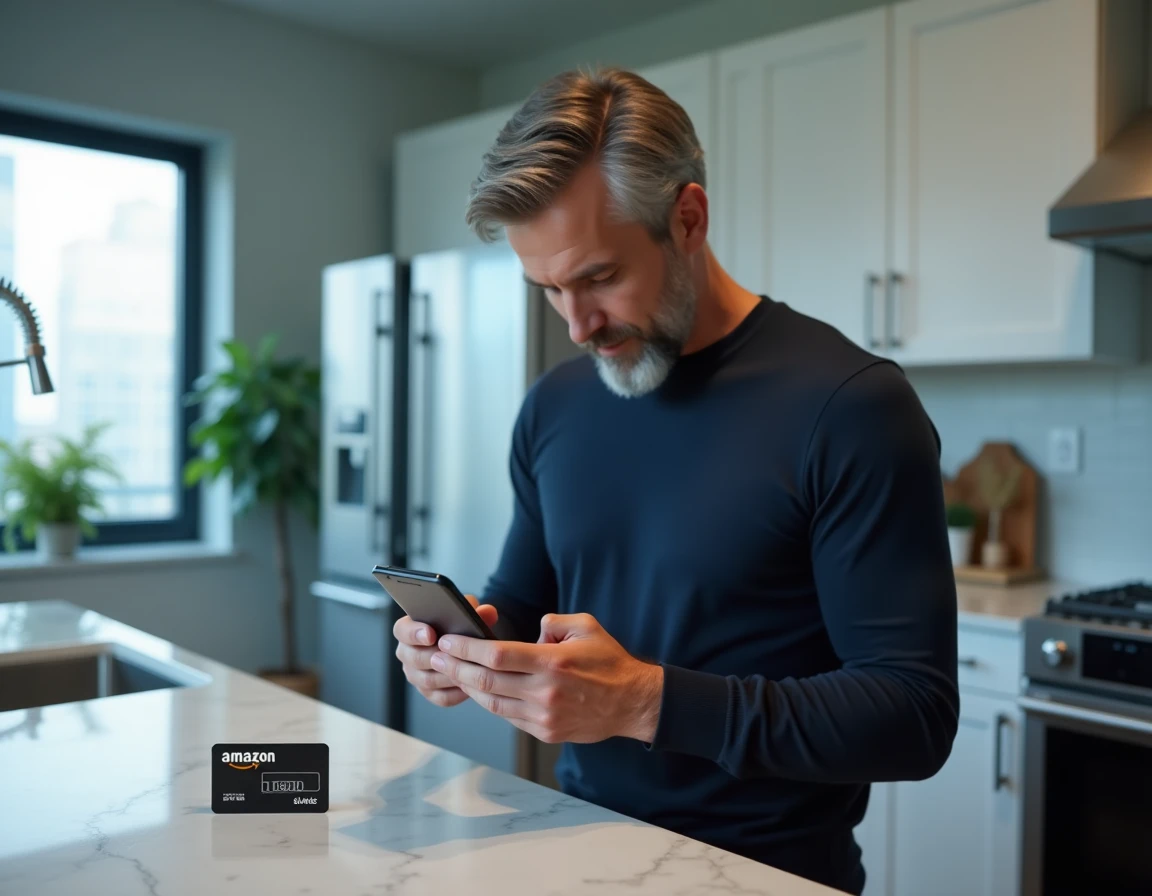 Homme utilisant son smartphone pour entrer un code de carte Illicado lors d'un achat sur Amazon