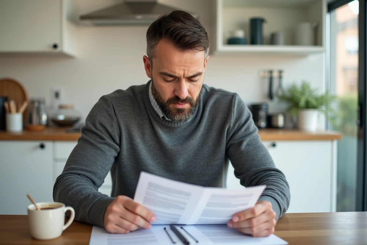 Homme à domicile comparant des documents de garanties IARD sur sa table de cuisine
