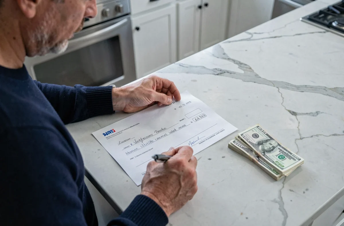 Homme complétant un chèque bancaire sur un comptoir de cuisine en marbre blanc