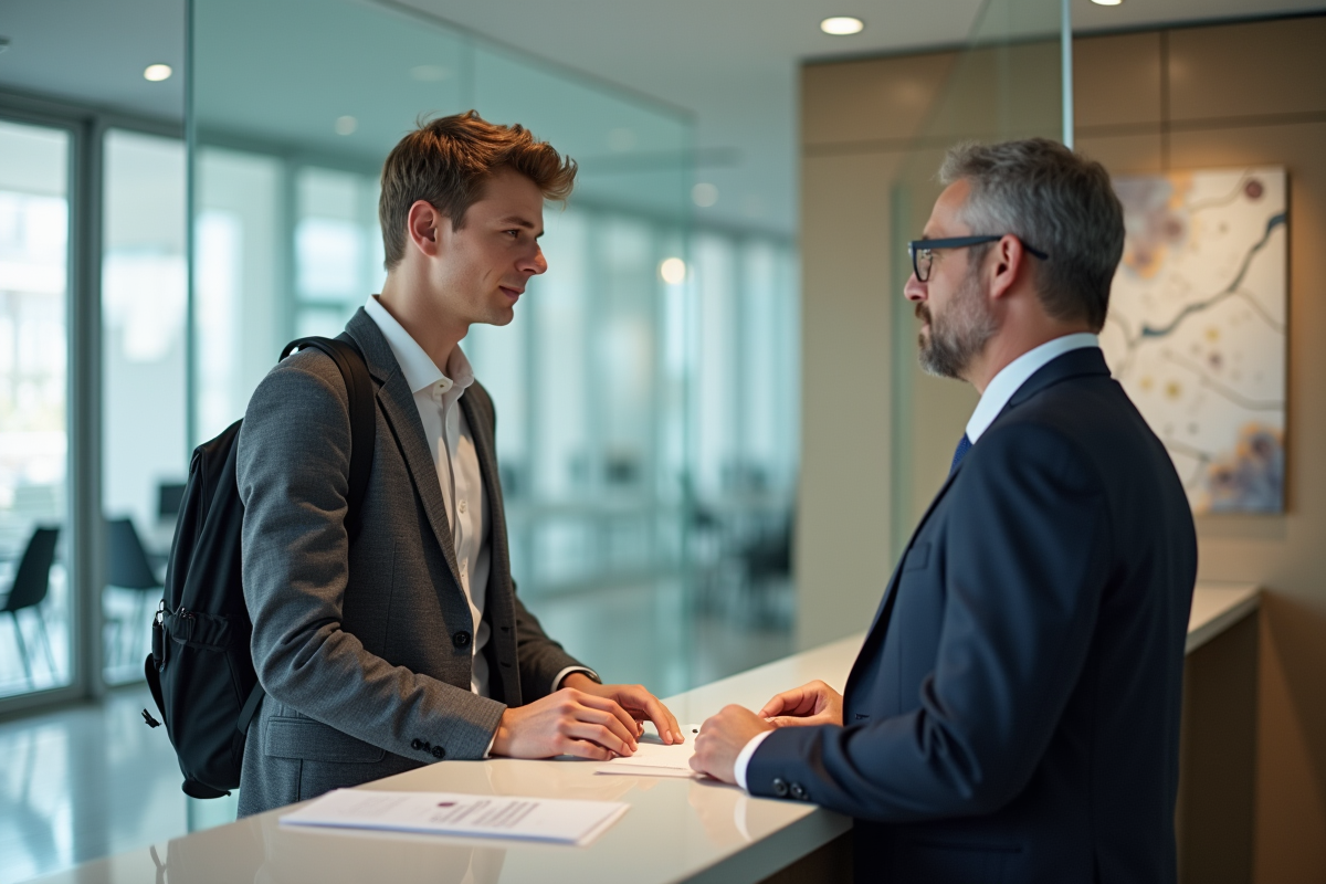 Homme discutant avec un conseiller bancaire au guichet