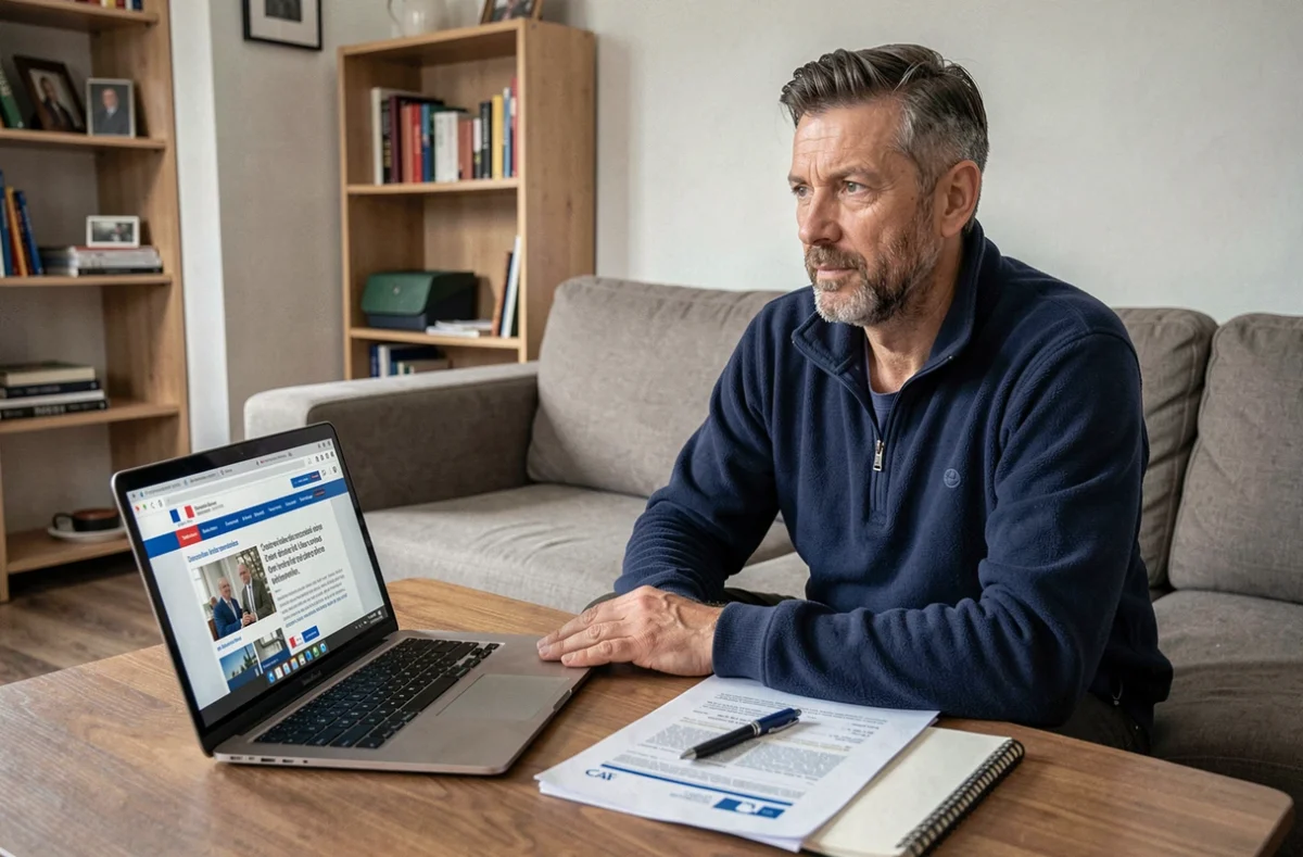 Homme consultant le site de la CAF sur un ordinateur portable pour vérifier ses aides complémentaires à la pension d'invalidité