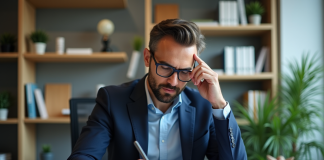 Homme en costume navy examine un certificat Piwi dans un bureau moderne
