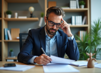 Les arcanes du prix Piwi : ce qu’il faut savoir avant d’acheter Homme en costume navy examine un certificat Piwi dans un bureau moderne