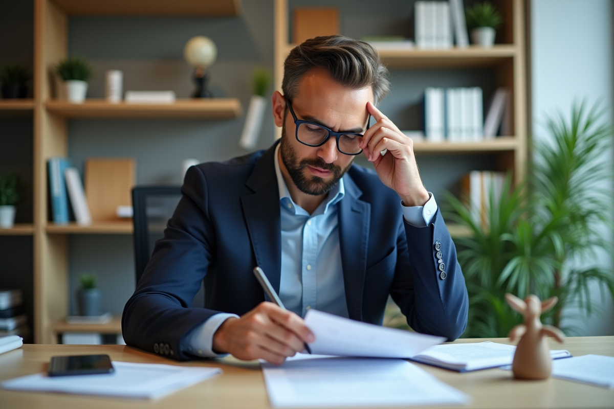 Homme en costume navy examine un certificat Piwi dans un bureau moderne