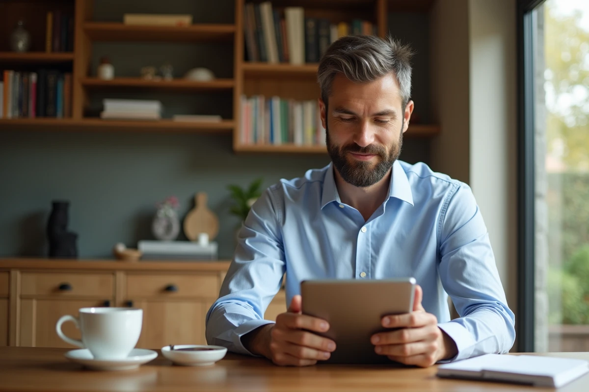 Homme détendu utilisant une tablette à la maison