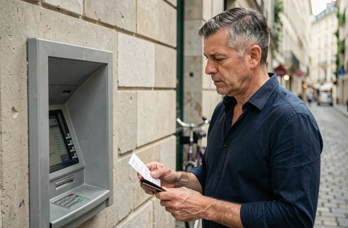 Homme devant un distributeur automatique de billets consultant un reçu et calculant son retrait en espèces