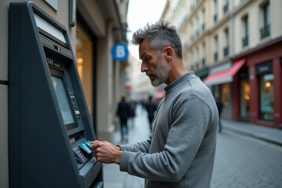 Homme tentant d'utiliser sa carte bancaire bloquée à un distributeur automatique après une opposition