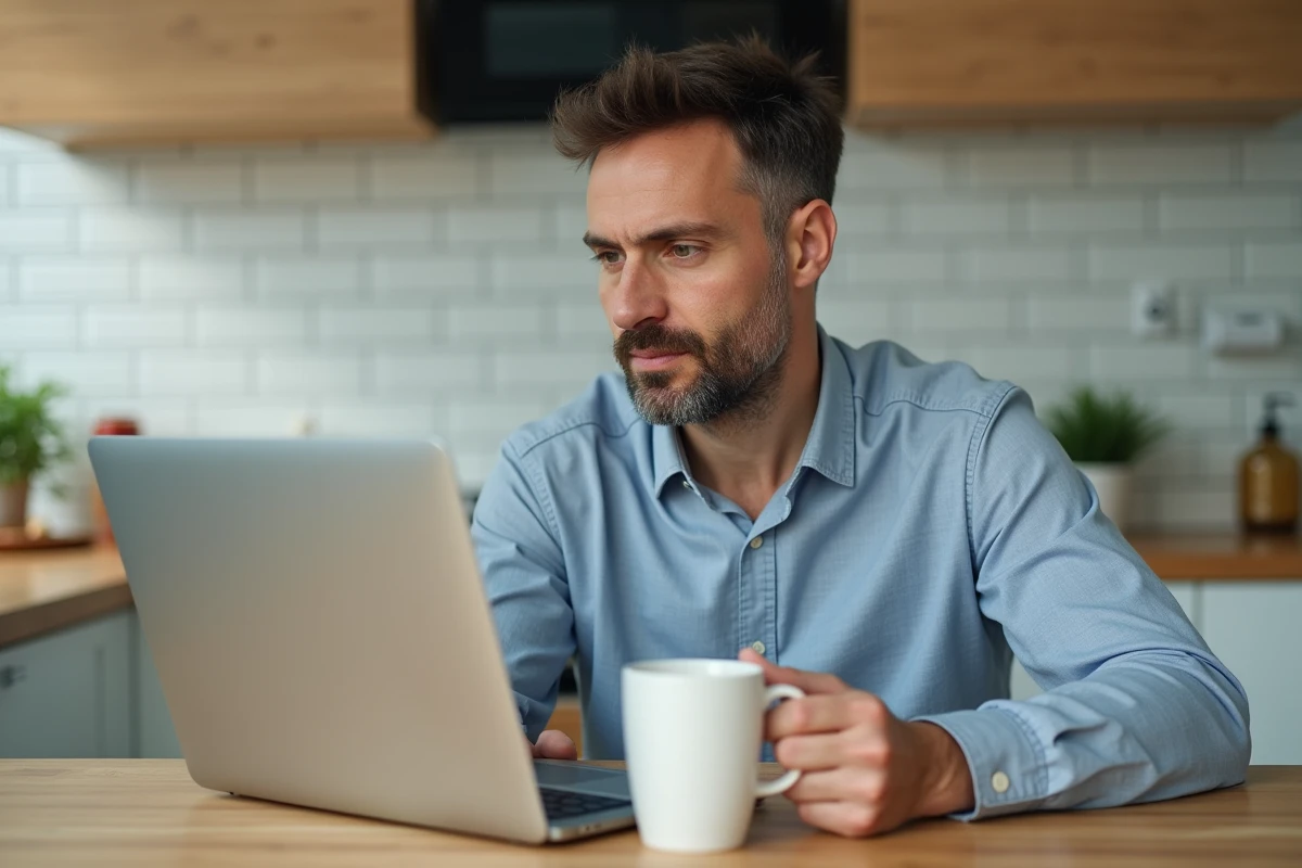 Homme consultant un calculateur de salaire net sur ordinateur portable depuis son domicile, thème salaire 2480 euros brut