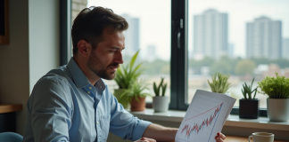 Homme d'affaires examine un graphique boursier dans un appartement