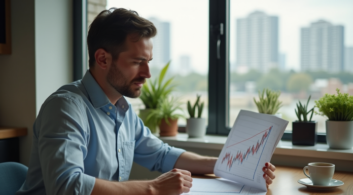 Homme d'affaires examine un graphique boursier dans un appartement