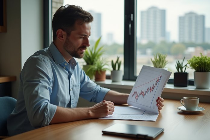homme-etude-bourse Homme d'affaires examine un graphique boursier dans un appartement