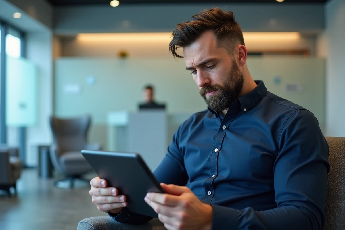 Homme consultant le fichier Préventel sur une tablette dans une agence bancaire