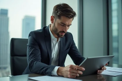 Homme daffaires en blazer regardant des rapports financiers