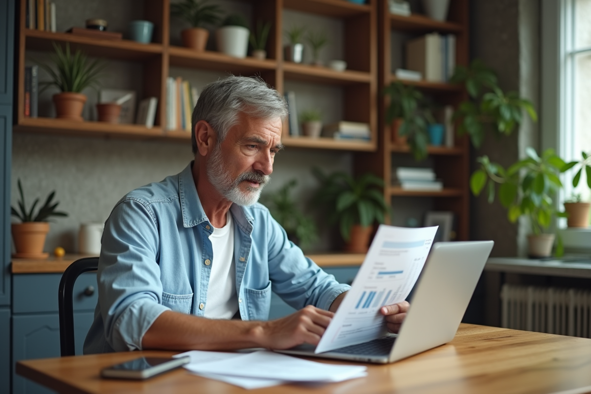 Homme d'âge moyen examinant des documents financiers à la maison