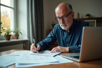 Homme d'âge moyen examinant des documents financiers à la maison