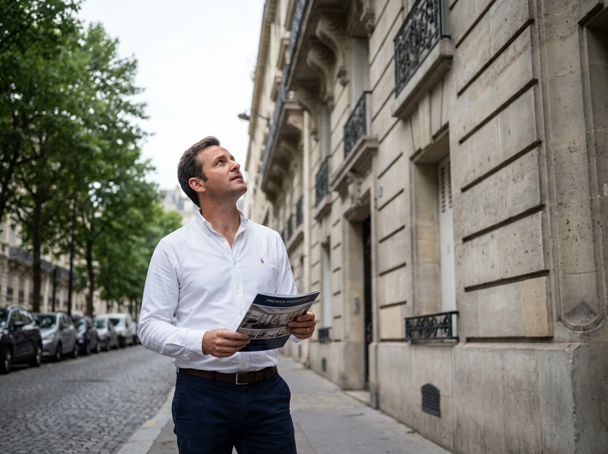 Homme devant un immeuble locatif en pierre évaluant un investissement immobilier rentable