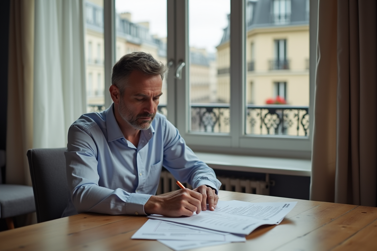 Homme d'affaires analysant des documents d'investissement à Paris