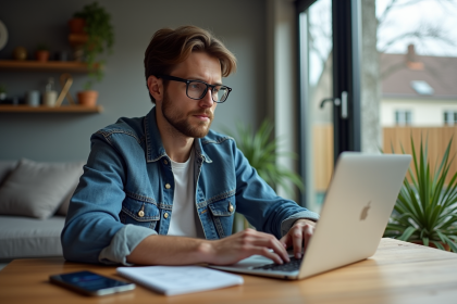 Homme en denim utilisant un ordinateur dans un salon moderne