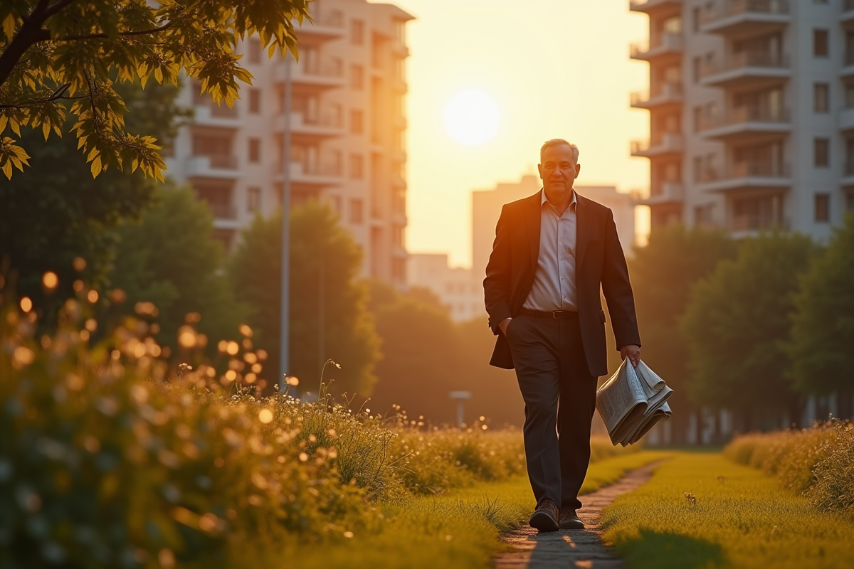 Homme mature marchant dans un parc au lever du soleil