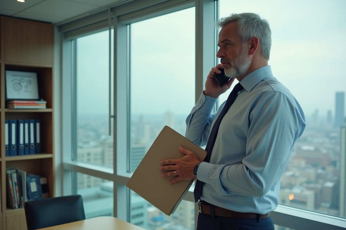 Homme d affaires parlant au téléphone dans un bureau lumineux