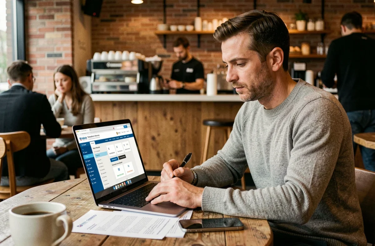 Homme recherchant un nouveau contrat d'assurance emprunteur sur ordinateur portable dans un café pour changer d'assurance loi Bourquin