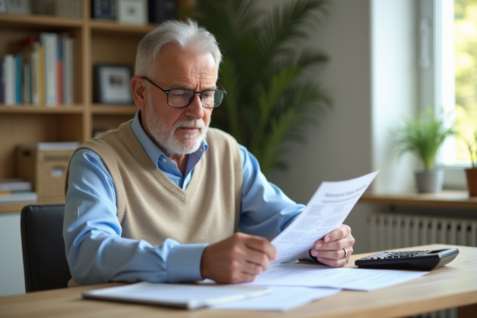 homme-retraite-papiers-calculatrice Homme d age en train de revoir ses papiers de retraite