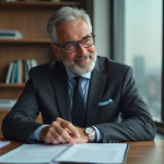 Homme d'une soixantaine d'années en costume dans un bureau moderne