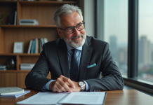 Homme d'une soixantaine d'années en costume dans un bureau moderne