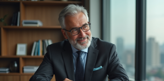 Homme d'une soixantaine d'années en costume dans un bureau moderne