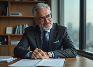 Homme d'une soixantaine d'années en costume dans un bureau moderne