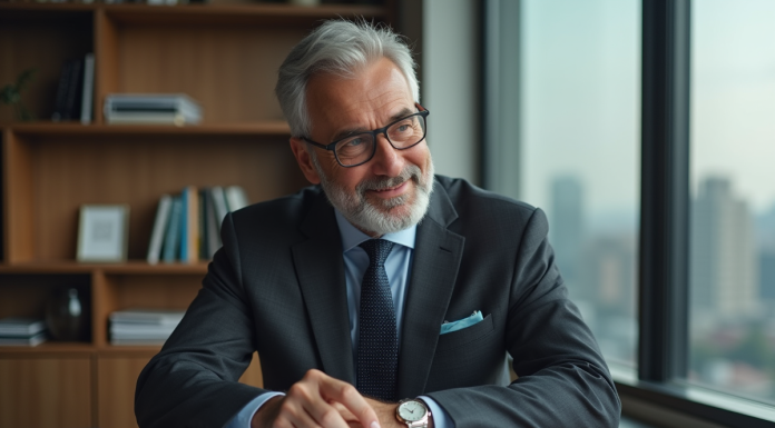 Homme d'une soixantaine d'années en costume dans un bureau moderne