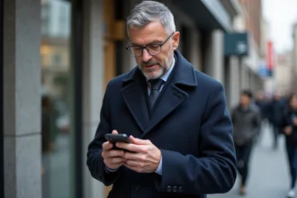 Homme d'âge moyen regardant son smartphone devant un bureau de poste moderne