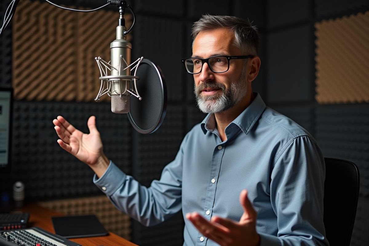 Homme en studio podcast professionnel en pleine prise de parole