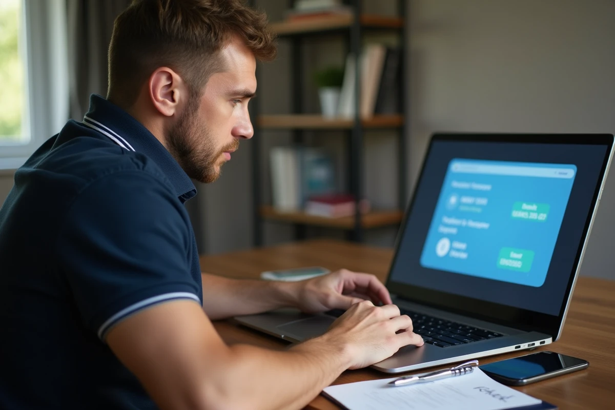 Homme consultant son compte en ligne pour suivre un virement en attente depuis FDJ Ptitclic