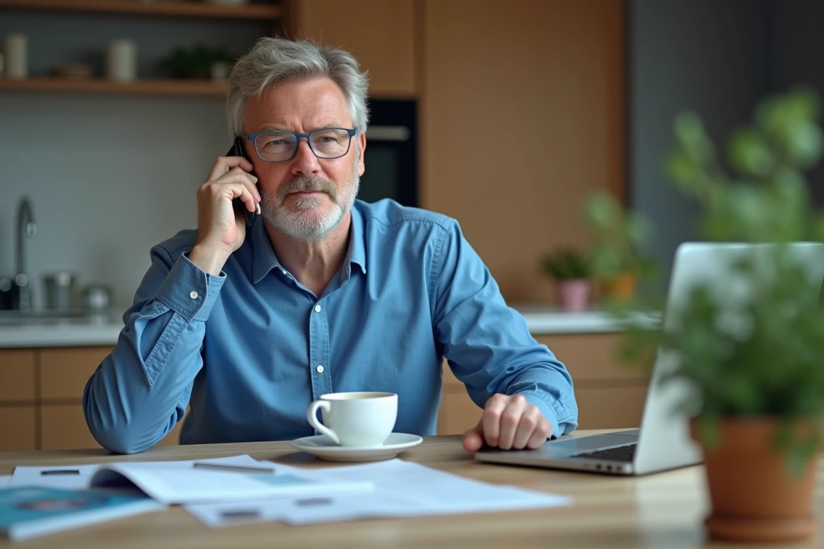 Homme d'âge moyen au téléphone dans une cuisine moderne