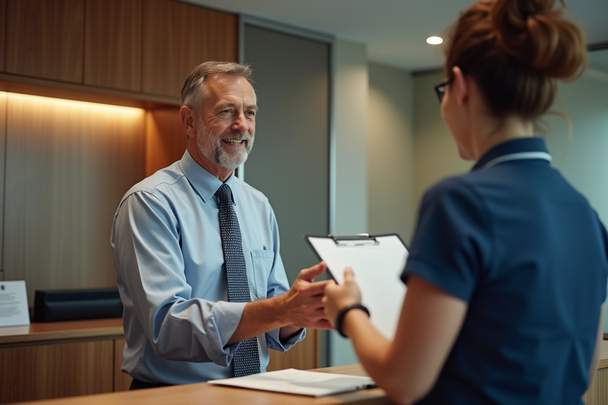 Homme d affaires remet un dossier au guichet bancaire