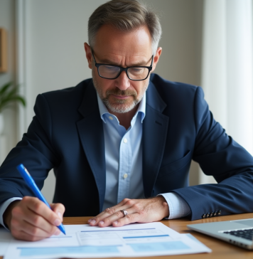 Homme d'âge moyen en costume bleu remplissant des papiers fiscaux