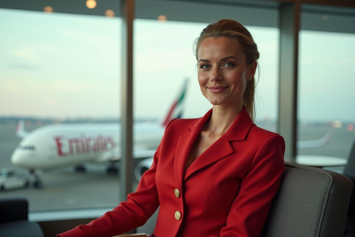 Hôtesse Emirates détendue dans un lounge aéroport moderne
