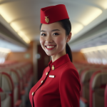 Combien gagne réellement une hôtesse de l’air chez Emirates ? Hôtesse Emirates souriante dans l'avion avec cabine premium