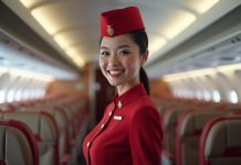 Hôtesse Emirates souriante dans l'avion avec cabine premium