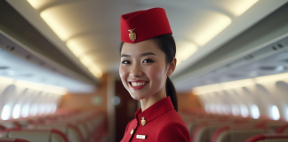 Hôtesse Emirates souriante dans l'avion avec cabine premium
