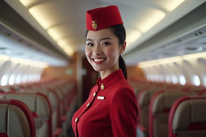 hotesse-emirates-souriante-avion Hôtesse Emirates souriante dans l'avion avec cabine premium