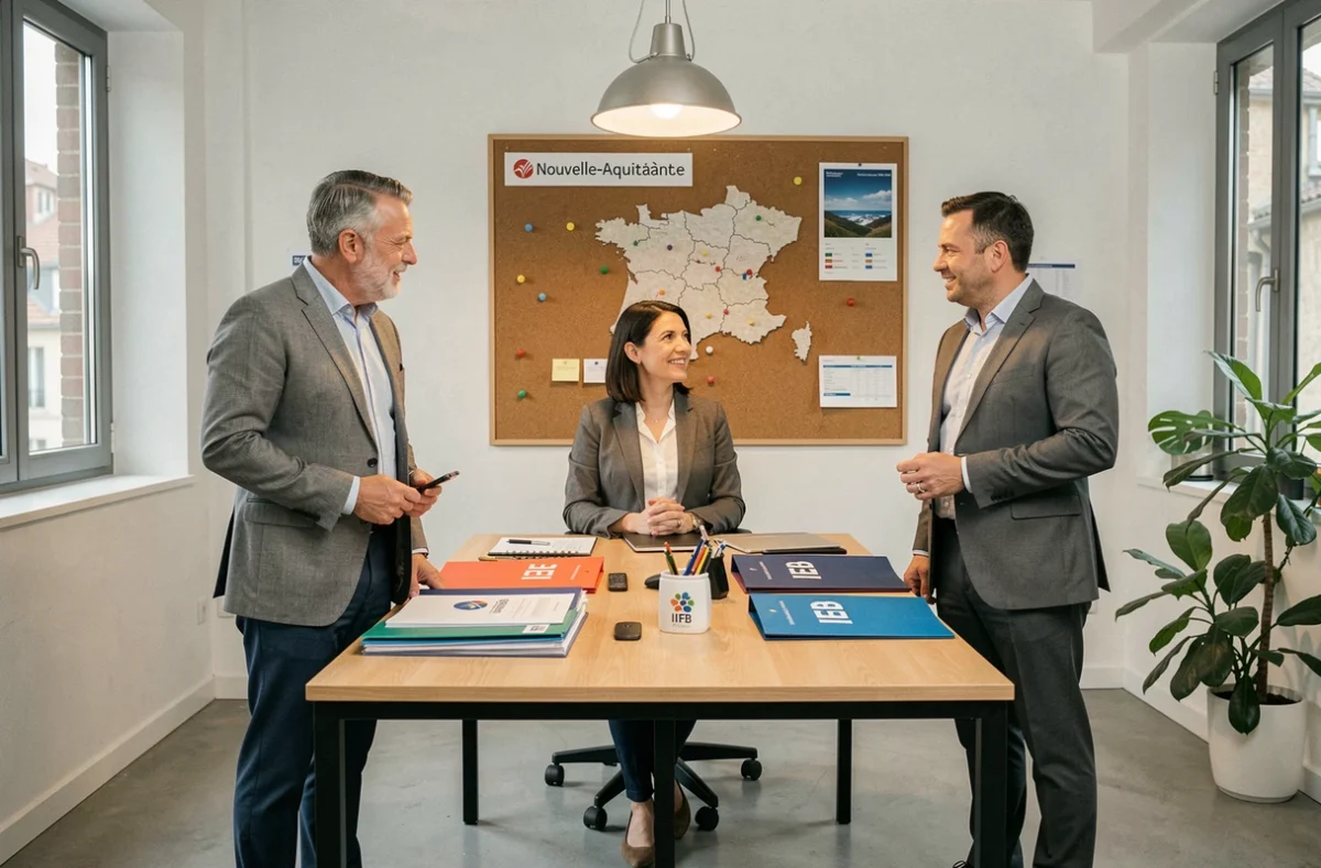 Équipe de conseillers IFB France du réseau Nouvelle-Aquitaine réunis dans un espace de travail collaboratif avec carte régionale