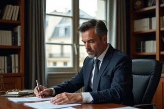 Homme d'affaires élégant en costume marine examinant des contrats dans un bureau parisien moderne, illustrant les collaborations lucratives d'Ilan Tobianah