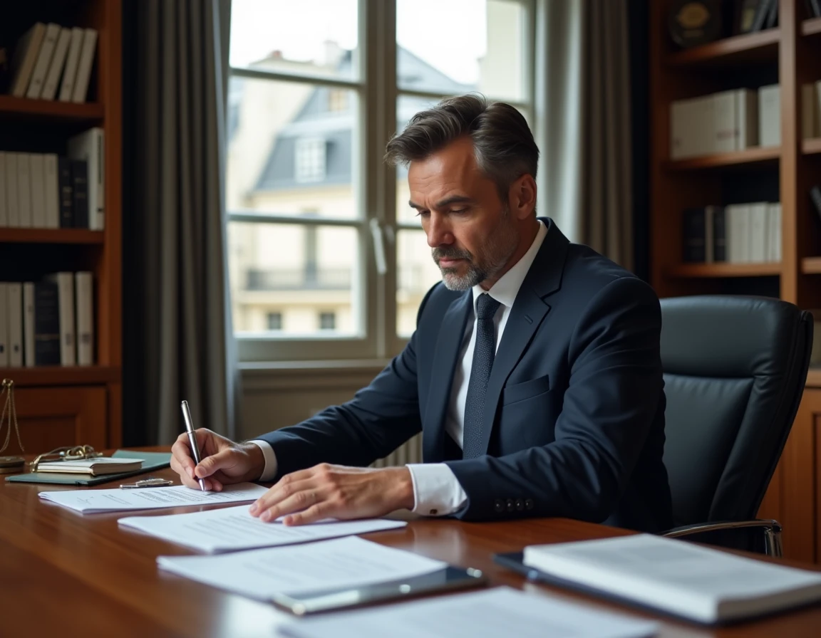 Homme d'affaires élégant en costume marine examinant des contrats dans un bureau parisien moderne, illustrant les collaborations lucratives d'Ilan Tobianah