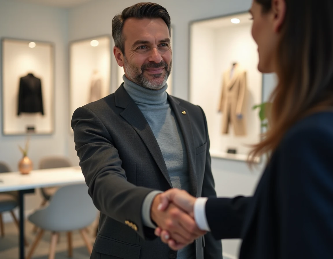 Homme d'affaires en blazer charbon concluant un partenariat commercial dans un showroom luxueux, symbolisant les revenus générés par les collaborations d'Ilan Tobianah