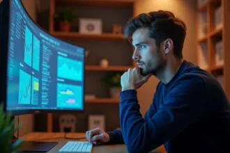 Investisseur débutant analysant des protocoles de lending DeFi sur un écran d'ordinateur à son bureau à domicile