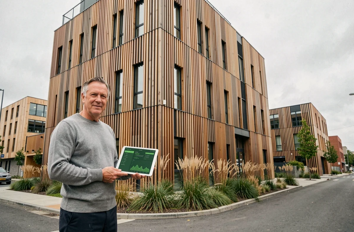 Investisseur devant un immeuble éco-certifié consultant son portefeuille de SCPI durables sur tablette