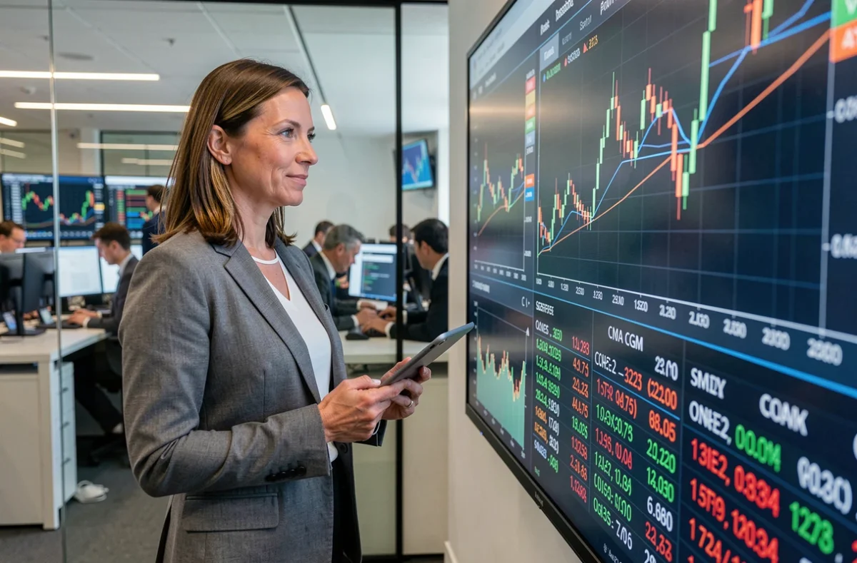 Investisseuse analysant les données boursières de CMA CGM sur un écran de trading dans une salle de marchés