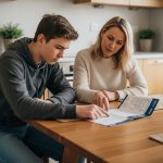 Quelle est l’importance de la sélection d’une banque pour son ado ? Adolescent de 15 ans avec sa mère regardant une brochure bancaire